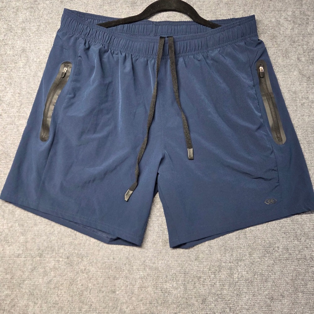 LEG3ND Mens Athletic Shorts Navy Blue Zipper Pockets Drawstring Size L